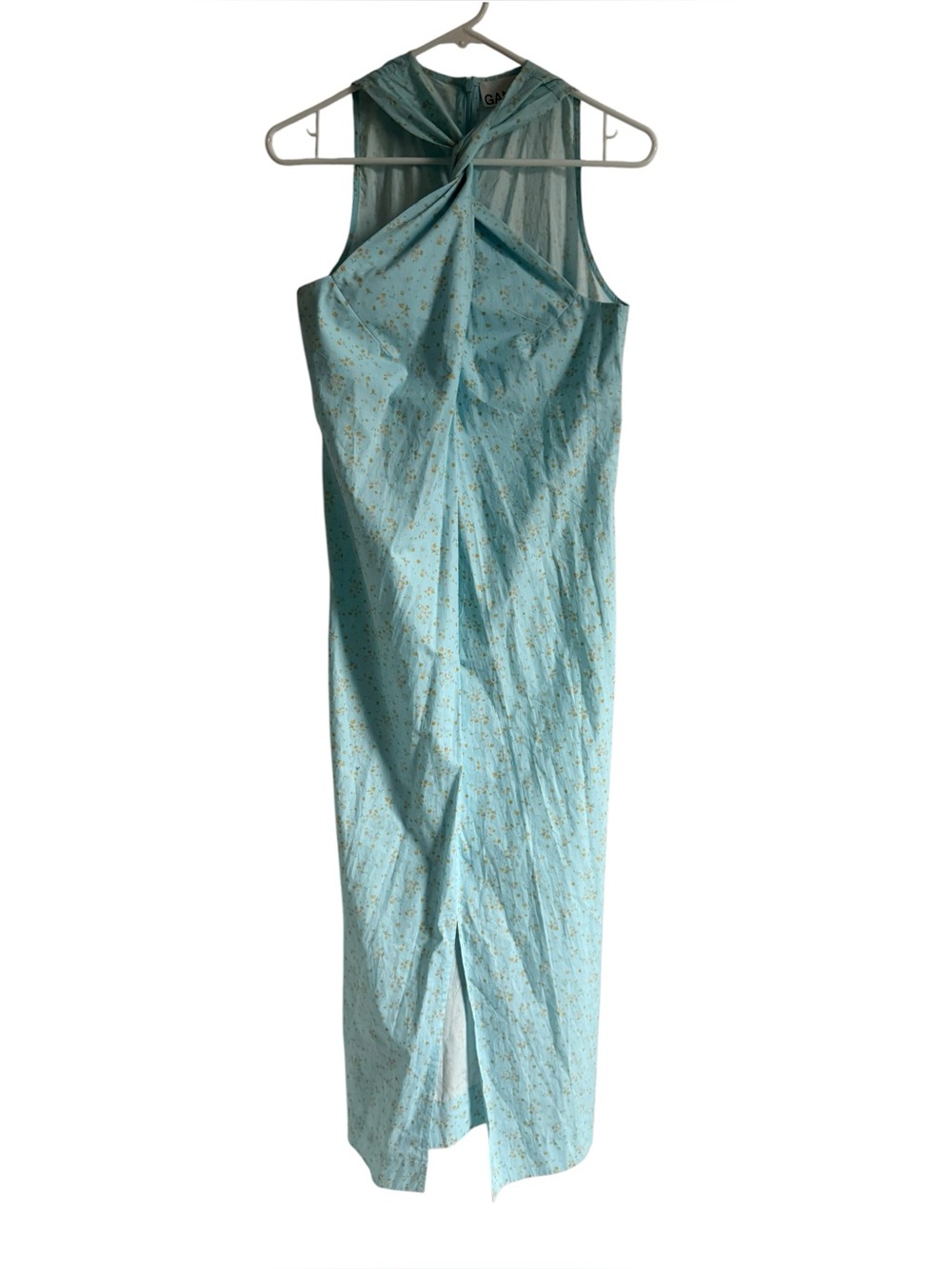 GANNI Floral Printed Cotton Poplin Twist Midi Dress Corydalis Blue, size 38